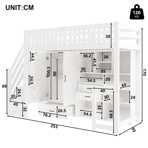 Cama alta 90x200 cm - Escada com arrumação, armário, secretária, gavetas, prateleiras - Branco Cama alta 90x200 cm - Escada com arrumação, armário, secretária, gavetas, prateleiras - Branco