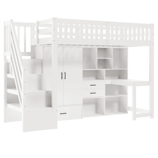Cama alta 90x200 cm - Escada com arrumação, armário, secretária, gavetas, prateleiras - Branco Cama alta 90x200 cm - Escada com arrumação, armário, secretária, gavetas, prateleiras - Branco