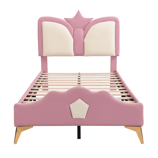 Cama infantil estofada 90x200 - Cabeceira em forma de coroa e borda anticolisão - Rosa+Branco