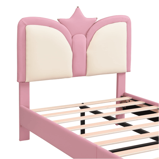Cama infantil estofada 90x200 - Cabeceira em forma de coroa e borda anticolisão - Rosa+Branco