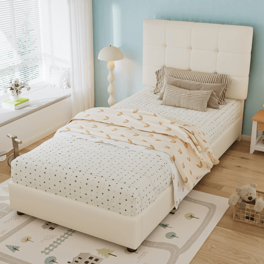 Cama infantil estofada 90x200 cm - cabeceira acolchoada em forma de biscoito - bege