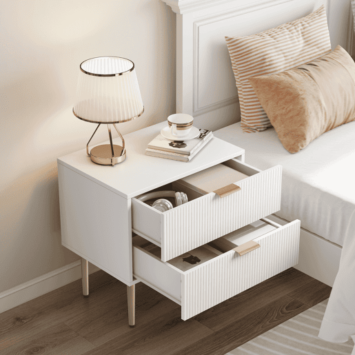 Mesa de cabeceira - design ondulado, 2 gavetas, pernas metálicas - branco