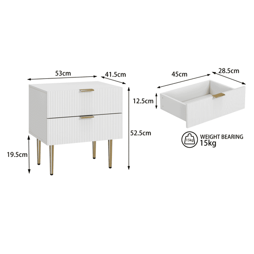 Mesa de cabeceira - design ondulado, 2 gavetas, pernas metálicas - branco