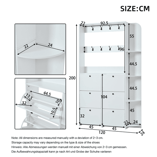 Garderobenständer 20x24x200 cm - Sapateira multifuncional 3 em 1, 8 ganchos, 5 prateleiras - Branco