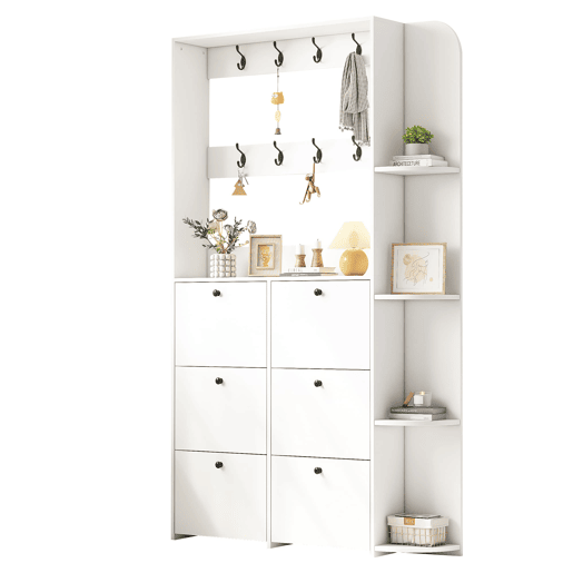 Garderobenständer 20x24x200 cm - Sapateira multifuncional 3 em 1, 8 ganchos, 5 prateleiras - Branco