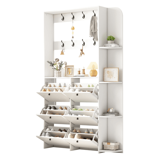 Garderobenständer 20x24x200 cm - Sapateira multifuncional 3 em 1, 8 ganchos, 5 prateleiras - Branco