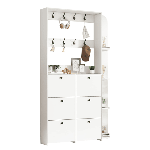 Garderobenständer 20x24x200 cm - Sapateira multifuncional 3 em 1, 8 ganchos, 5 prateleiras - Branco