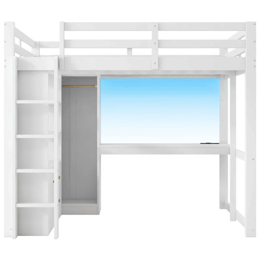 Cama alta 140x200 - 2 gavetas, prateleiras, secretária inferior, LED e USB - Branco