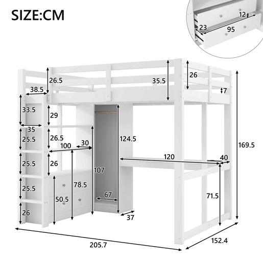 Cama alta 140x200 - 2 gavetas, prateleiras, secretária inferior, LED e USB - Branco
