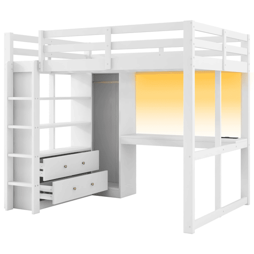 Cama alta 140x200 - 2 gavetas, prateleiras, secretária inferior, LED e USB - Branco