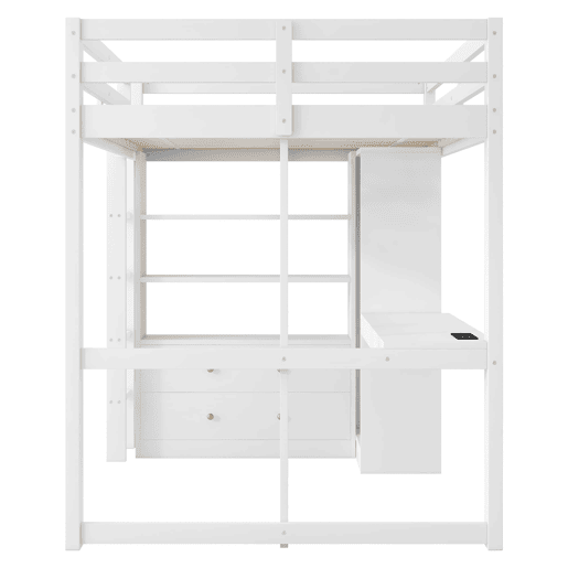 Cama alta 140x200 - 2 gavetas, prateleiras, secretária inferior, LED e USB - Branco