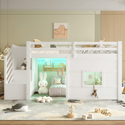 Cama alta 90x200 - com escada de arrumação e janela - Branco