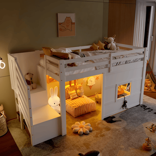Cama alta 90x200 - com escada de arrumação e janela - Branco