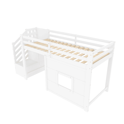 Cama alta 90x200 - com escada de arrumação e janela - Branco