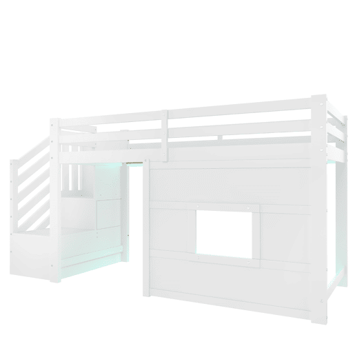 Cama alta 90x200 - com escada de arrumação e janela - Branco