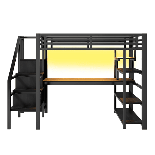 Cama alta de metal 140x200 mm - Com escada, armário aberto, secretária integrada, compartimentos de arrumação, estação de carregamento USB e luzes LED - Preto