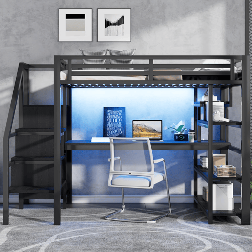 Cama alta de metal 140x200 mm - Com escada, armário aberto, secretária integrada, compartimentos de arrumação, estação de carregamento USB e luzes LED - Preto