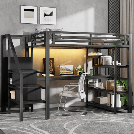 Cama alta de metal 140x200 mm - Com escada, armário aberto, secretária integrada, compartimentos de arrumação, estação de carregamento USB e luzes LED - Preto