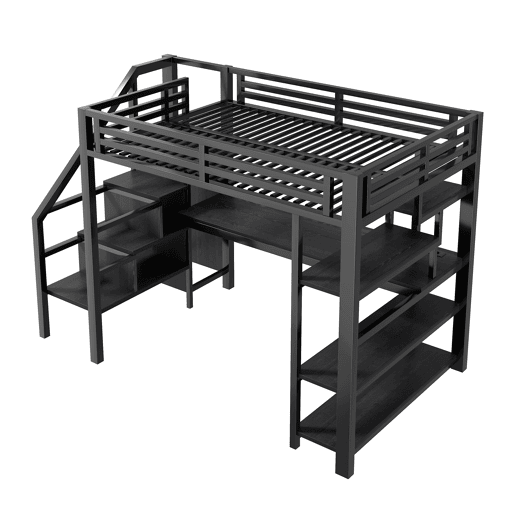 Cama alta de metal 140x200 mm - Com escada, armário aberto, secretária integrada, compartimentos de arrumação, estação de carregamento USB e luzes LED - Preto