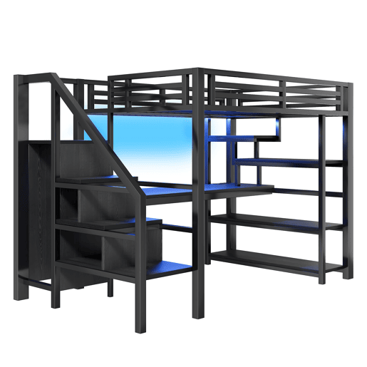 Cama alta de metal 140x200 mm - Com escada, armário aberto, secretária integrada, compartimentos de arrumação, estação de carregamento USB e luzes LED - Preto
