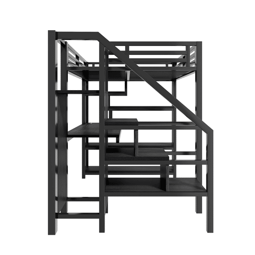 Cama alta de metal 140x200 mm - Com escada, armário aberto, secretária integrada, compartimentos de arrumação, estação de carregamento USB e luzes LED - Preto