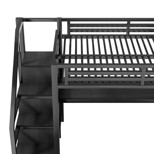 Cama alta de metal 140x200 mm - Com escada, armário aberto, secretária integrada, compartimentos de arrumação, estação de carregamento USB e luzes LED - Preto