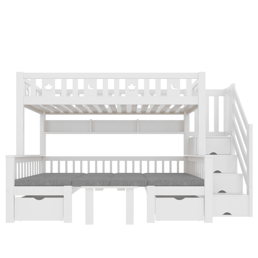 Cama alta multifuncional 90x200 cm - cama e secretária 2 em 1, escada com arrumação, corrimão decorativo com estrelas e lua - branco
