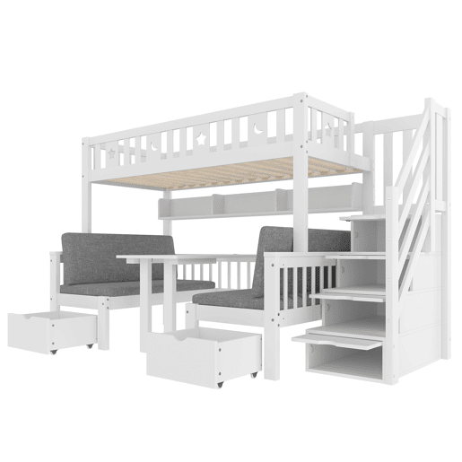 Cama alta multifuncional 90x200 cm - cama e secretária 2 em 1, escada com arrumação, corrimão decorativo com estrelas e lua - branco