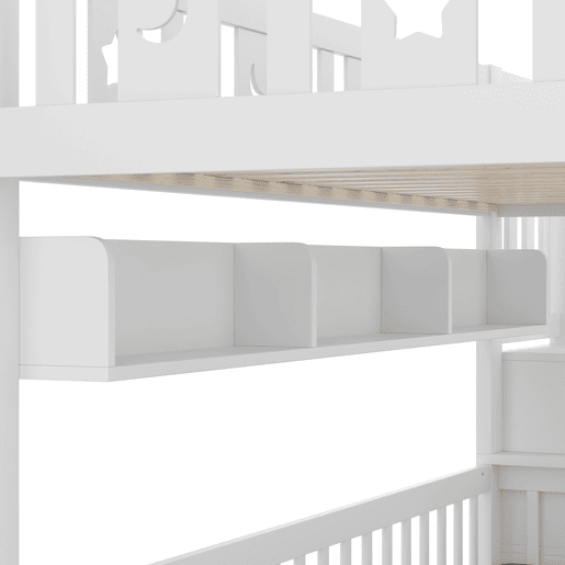 Cama alta multifuncional 90x200 cm - cama e secretária 2 em 1, escada com arrumação, corrimão decorativo com estrelas e lua - branco