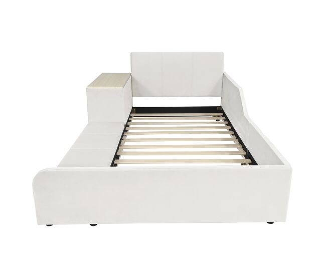 Cama individual tapizada 90x200 - escritorio y taburete, cabecero suave, somier de madera - blanco