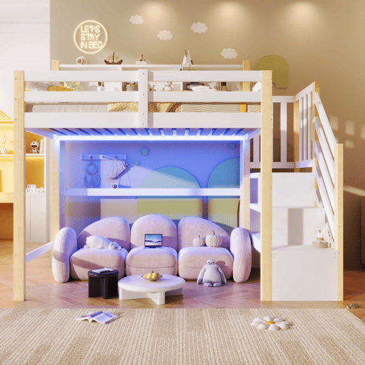 Beliche 90x200 cm - com luzes LED, grande espaço de arrumação, escada com prateleiras, sem colchão - Branco e natural