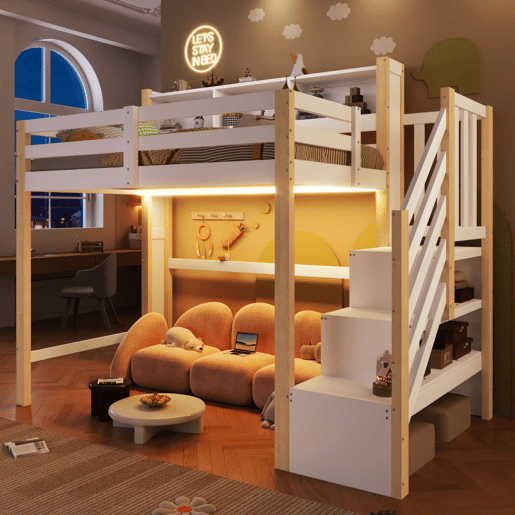 Beliche 90x200 cm - com luzes LED, grande espaço de arrumação, escada com prateleiras, sem colchão - Branco e natural