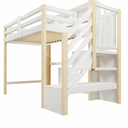Beliche 90x200 cm - com luzes LED, grande espaço de arrumação, escada com prateleiras, sem colchão - Branco e natural