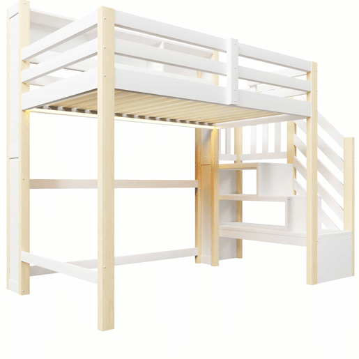 Beliche 90x200 cm - com luzes LED, grande espaço de arrumação, escada com prateleiras, sem colchão - Branco e natural