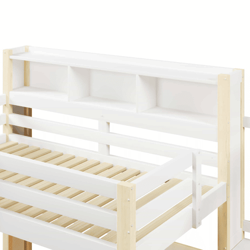 Beliche 90x200 cm - com luzes LED, grande espaço de arrumação, escada com prateleiras, sem colchão - Branco e natural
