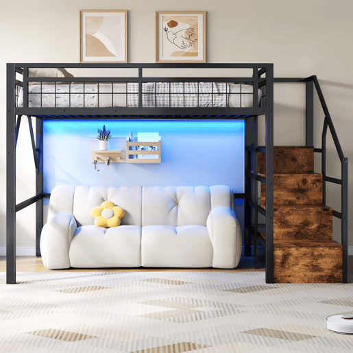 Cama alta 140x200 - Estrutura em ferro, LED, escadas com arrumação, espaço livre - Preto Cama alta 140x200 - Estrutura em ferro, LED, escadas com arrumação, espaço livre - Preto