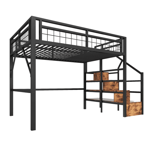 Cama alta 140x200 - Estrutura em ferro, LED, escadas com arrumação, espaço livre - Preto Cama alta 140x200 - Estrutura em ferro, LED, escadas com arrumação, espaço livre - Preto