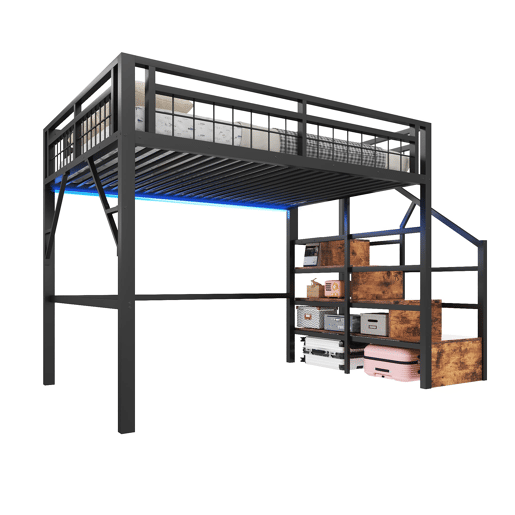 Cama alta 140x200 - Estrutura em ferro, LED, escadas com arrumação, espaço livre - Preto Cama alta 140x200 - Estrutura em ferro, LED, escadas com arrumação, espaço livre - Preto