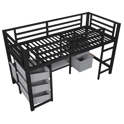 Cama alta 90x200 cm - Com almofada, arrumação, LED multicolorido, ganchos - Preto