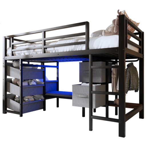 Cama alta 90x200 cm - Com almofada, arrumação, LED multicolorido, ganchos - Preto