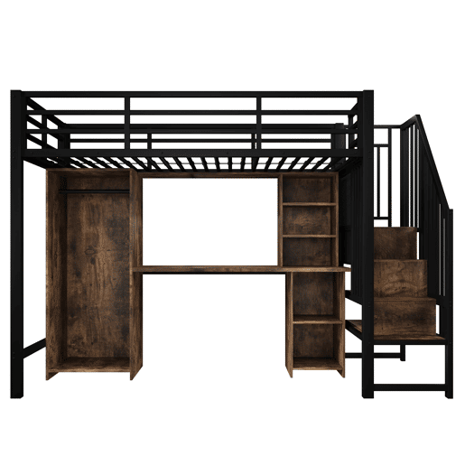 Cama alta 90x200 cm - Estrutura de ferro, armário, secretária e escada com arrumação - Preto