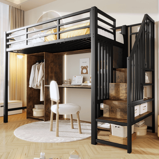 Cama alta 90x200 cm - Estrutura de ferro, armário, secretária e escada com arrumação - Preto