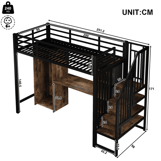 Cama alta 90x200 cm - Estrutura de ferro, armário, secretária e escada com arrumação - Preto
