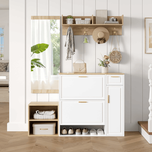 Conjunto de hall de entrada 139,5x35x166 cm - com sapateira, banco, cabide de parede e espelho - Natural+Branco