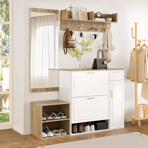 Conjunto de hall de entrada 139,5x35x166 cm - com sapateira, banco, cabide de parede e espelho - Natural+Branco