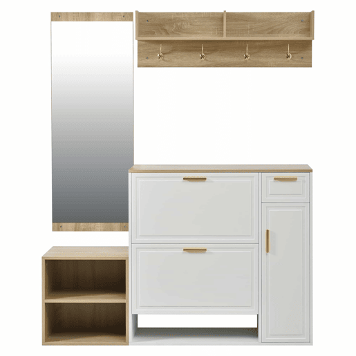 Conjunto de hall de entrada 139,5x35x166 cm - com sapateira, banco, cabide de parede e espelho - Natural+Branco