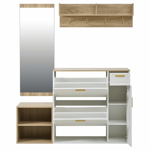 Conjunto de hall de entrada 139,5x35x166 cm - com sapateira, banco, cabide de parede e espelho - Natural+Branco