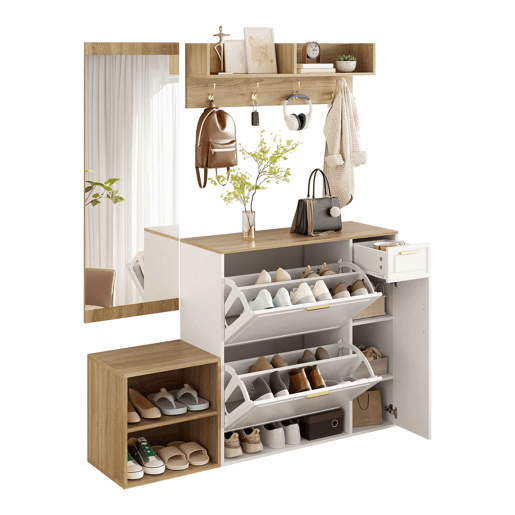 Conjunto de hall de entrada 139,5x35x166 cm - com sapateira, banco, cabide de parede e espelho - Natural+Branco