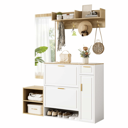 Conjunto de hall de entrada 139,5x35x166 cm - com sapateira, banco, cabide de parede e espelho - Natural+Branco