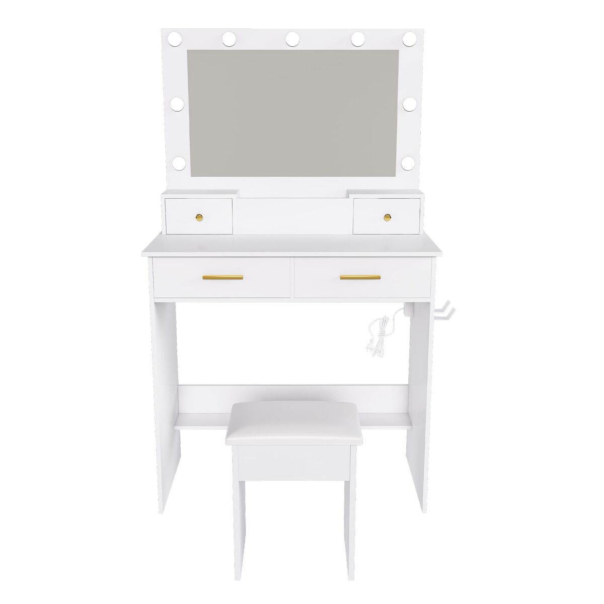 Tocador 80x137x40 cm - led 3 niveles, enchufe, soporte secador, 4 cajones, banco acolchado - blanco